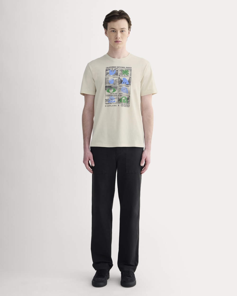 The Everlane x Parks Project Essential Organic Crew | Forged Iron / Birch / Granada Sky Blue / Green