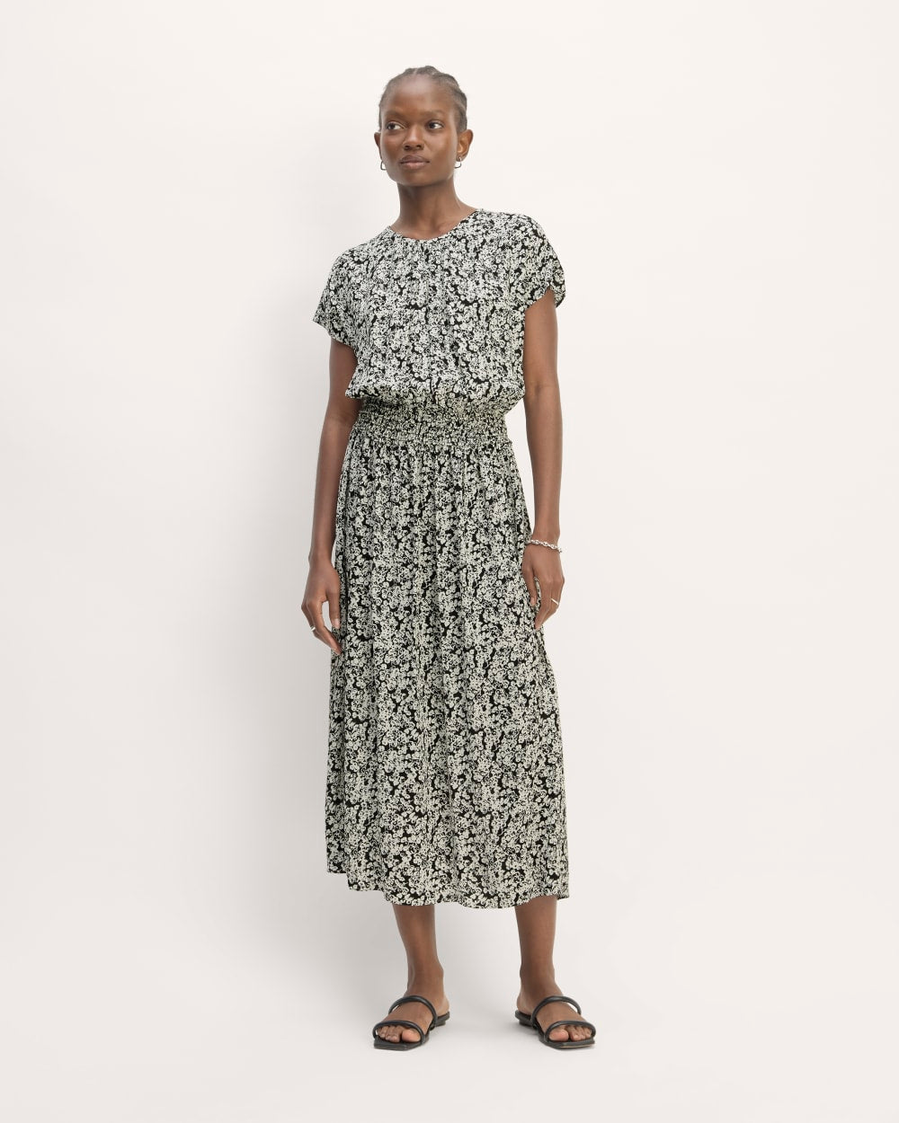 The Gathered Midi Dress | Black / Bone Mini Floral