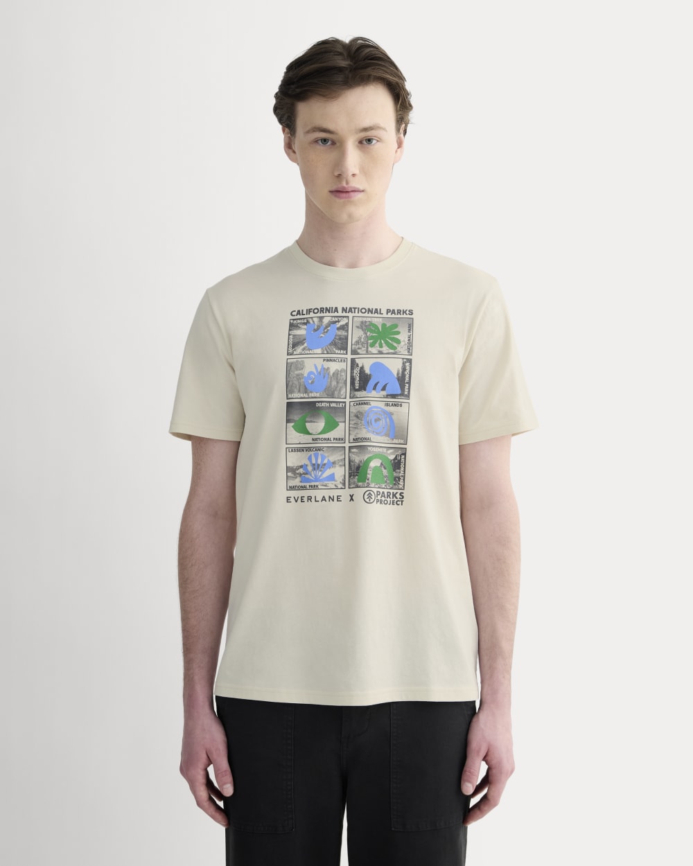 The Everlane x Parks Project Essential Organic Crew | Forged Iron / Birch / Granada Sky Blue / Green